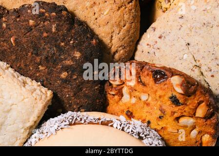 A variety of homemade cookies. Background of sweet cookies on the table, top view. Close up Stock Photo