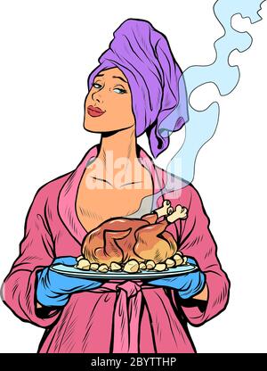 Woman with ready fried poultry chicken duck. isolate on a white background Stock Vector