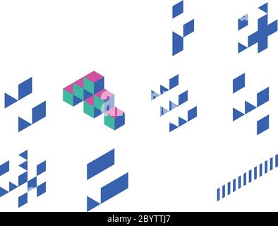 Pyramid of cubes in 3 retro colors. Isometric 3D vector object. Stock Vector