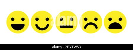 Basic emoticons set. Five facial expression of feedback scale - from positive to negative. Simple yellow vector icons. Stock Vector