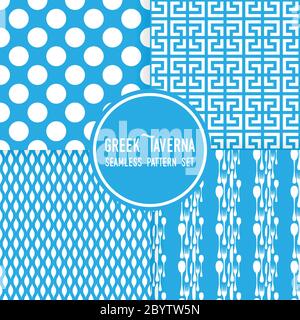 Blue greek tavern theme. Ornaments, dots and cutlery shapes. Seamless vector pattern background set. Stock Vector