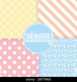 Restaurant or bistro theme. Pastel color stripes, dots, cutlery and other shapes. Seamless vector pattern background set. Stock Vector