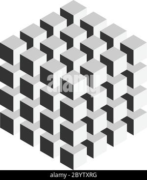 Grey geometric cube of 27 smaller isometric cubes. Abstract design element. Science or construction concept. 3D vector object. Stock Vector