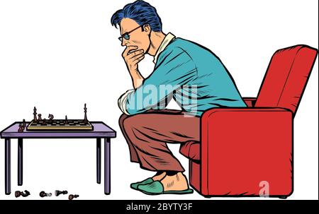 A man plays chess alone Stock Vector