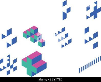 Cross of cubes. Retro colored. Isometric 3D vector object. Stock Vector