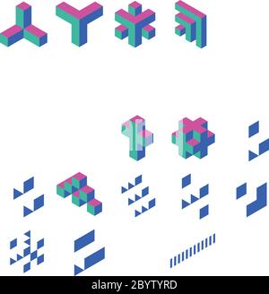 Cross of cubes. Retro colored. Isometric 3D vector object. Stock Vector