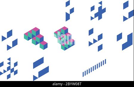 Abstract object of cubes. Retro colored. Isometric 3D vector object. Stock Vector