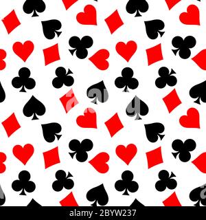 Seamless pattern background of poker suits - hearts, clubs, spades and diamonds - on white background. Casino gambling theme vector illustration. Stock Vector