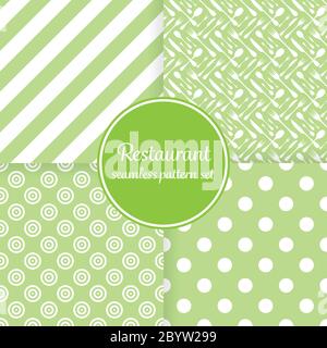 Restaurant or bistro theme. Lush green stripes, dots, cutlery and other shapes. Seamless vector pattern background set. Stock Vector