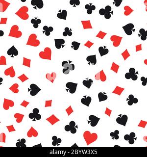 Poker card suit seamless pattern background. Black spades and clubs. Red hearts and diamonds singns. Abstract vector backround. Stock Vector