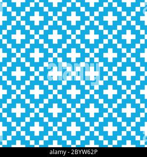 Pixel style vector seamless pattern. Blue ornaments on white background. Nordic style fabric swatch. Stock Vector