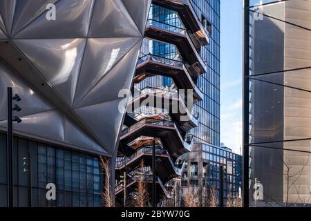 The vessel, a modern art, honeycomb like staircase in the center of the Hudson Yard open for visitors. New York City, NY Stock Photo