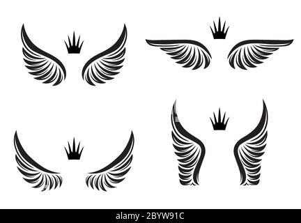 Set of four pairs of wings with crowns. Vector illustration. Stock Vector