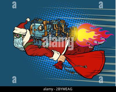 Santa Claus is flying on a rocket backpack. Christmas and New year Stock Vector