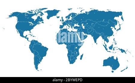 detailed silhouette of World political map with state borders and main islands, lakes Stock Vector