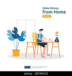 freelancer sitting at home. employer office workplace desk working with laptop. make money from home concept. Stock Vector