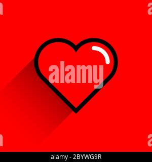 Red heart shape with black line stroke. Medical icon, love sign and symbol of Feast of Saint Valentine Day. Flat form with long shadow Stock Vector