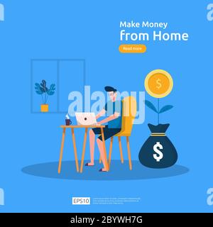 freelancer sitting at home. employer office workplace desk working with laptop. make money from home concept. Stock Vector