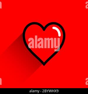 Red heart shape with black line stroke. Medical icon, love sign and symbol of Feast of Saint Valentine Day. Flat form with long shadow Stock Vector