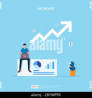 salary rate increase with growth up arrow and people character. business profit grow or income margin management revenue. Finance performance Stock Vector