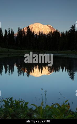 Mount Rainier from Tipsoo Lake at sunrise; Mount Rainier National Park ...