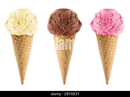 Chocolate, vanilla and strawberry Ice Cream Stock Photo