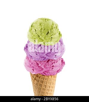 three Ice cream scoops in the cone Stock Photo