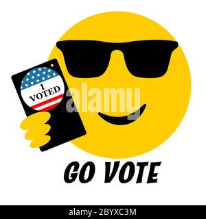 cool smiling emoji with sunglasses, phone and I Voted pin, USA elections, young, millennial voter concept. Stock Photo