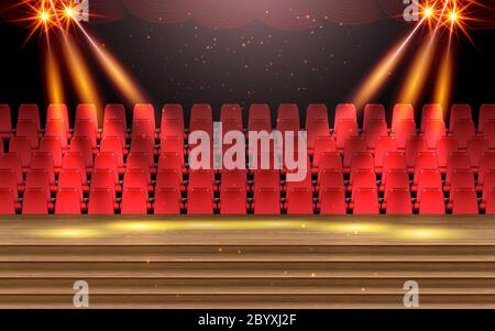 red chairs with colorful spotlight on the stage in the hall Stock Vector