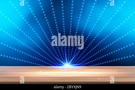 blue spotlight and smoke on the wooden table in the hall Stock Vector