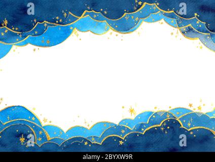 Abstract watercolor hand painting illustration in cloud and star concept. Bright blue wavy background. High resolution. Design for card, cover, print, Stock Photo