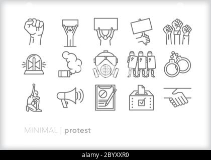 Set of protest line icons for demonstrating first amendment right of free speech in a democracy while facing police enforcement Stock Vector