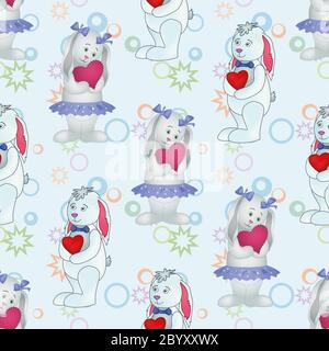 Seamless pattern, Bunnies with Valentine hearts Stock Photo