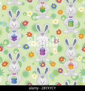 Seamless pattern, Easter Bunnies with gift boxes Stock Photo