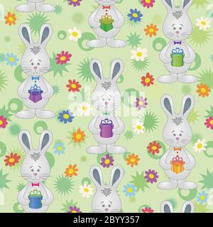 Seamless pattern, Easter Bunnies with gift boxes Stock Photo