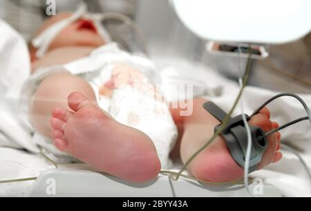 newborn baby foot in incubator Stock Photo