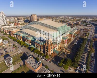Minute Maid Park aerial view next to Interstate Highway 69 in downtown Houston, Texas, USA. This stadium is home of MLB Houston Astros since 2000. Stock Photo