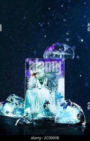 Block of ice with frozen flowers and a glass bottle, winter and spring still life concept Stock Photo