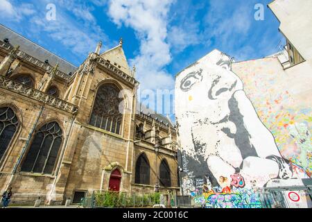 PARIS - MAY 14: The wall filled with graffiti near Pompidou Centre on May 14, 2014 in Paris, France. Centre Georges Pompidou hou Stock Photo