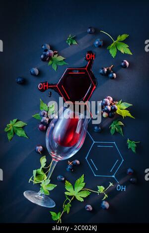 Red wine formula with a glass of wine, grapes, and leaves flat lay. creative food photo Stock Photo