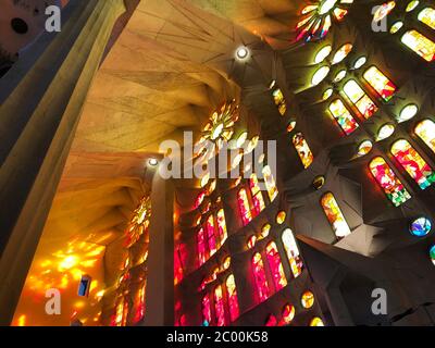 Barcelona, Spain - May 22, 2019: Stained glass windows in the Sagrada Familia Stock Photo