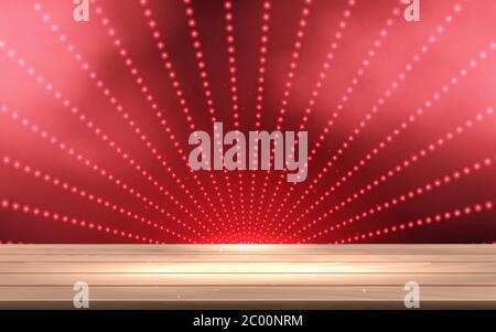 red spotlight and smoke on the wooden table in the hall Stock Vector
