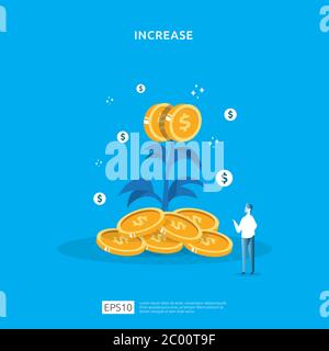 Plant money coin tree growth illustration for Investment Concept. income salary rate increase concept with people character and dollar symbol. Busines Stock Vector