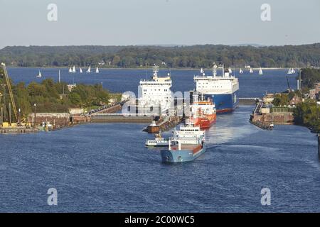 Kiel - Ships leave the lock in the Kiel Canal Stock Photo