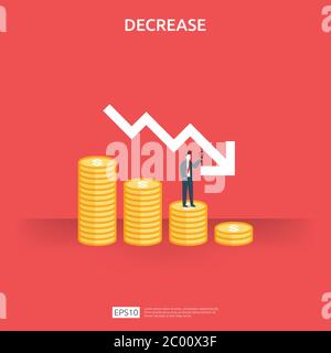 business finance crisis concept. money fall down symbol. arrow decrease economy stretching rising drop. lost crisis bankrupt declining. cost reduction Stock Vector