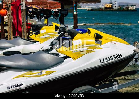 Limassol Cyprus June 10, 2020 Closeup of a jet skI, a type of personal watercraft used mainly for recreation, parked at a water sport place on Limasso Stock Photo