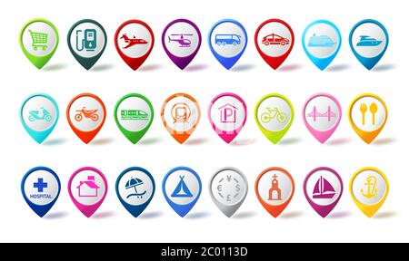 Travel pin icon vector set. Colorful travel map icons navigation pins with different sign for marker and sign destination elements isolated in white. Stock Vector