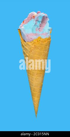 side view marshmallow and raspberry flavor ice cream cone with some bites on blue background Stock Photo