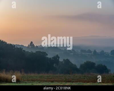 Foggy morning in countryside with trees in the foreground, hills in the misty background and first lights in the sky somewhere on the spanish Way of S Stock Photo