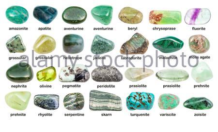 collection of various green gemstones with names (chlorite, malachite ...